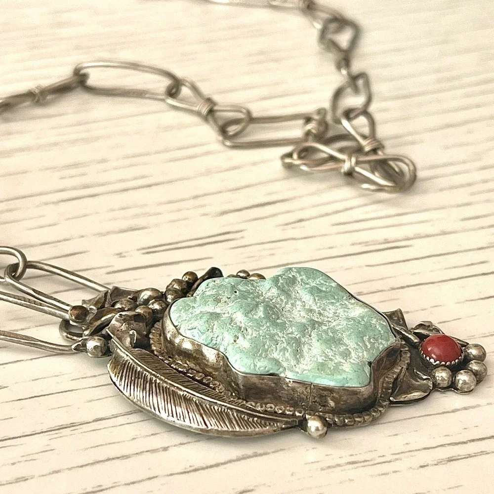 VTG Navajo Turquoise Pendant 2.5in Seafoam Nugget Paperclip Chain Necklace Old